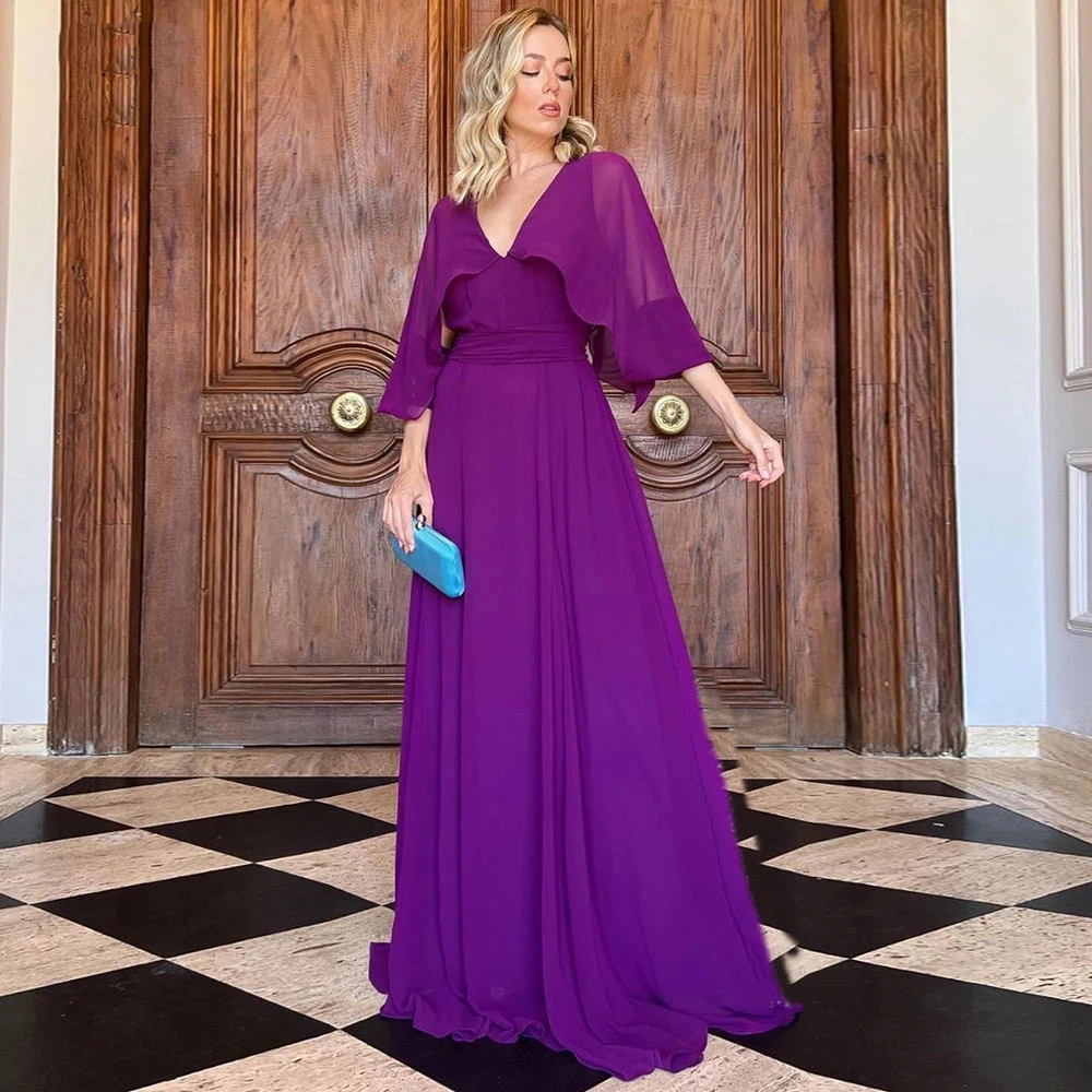 

Женское шифоновое вечернее платье, фиолетовое простое ТРАПЕЦИЕВИДНОЕ ПЛАТЬЕ С V-образным вырезом, рукавом до локтя и открытой спиной, плать...