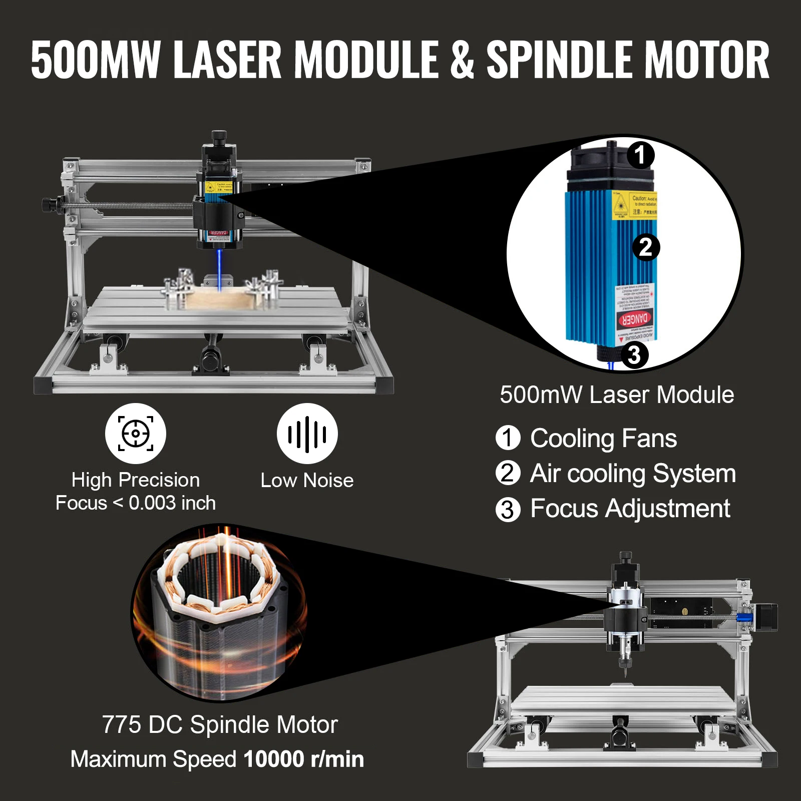 VEVOR CNC 3018 Router Kit GRBL Control 3 Axis Milling Engraving Machine 500mW Laser Head For Plastic Acrylic PVC Wood Carving Laser Engraving Machine Wood Router Machine CNC Engraving Machine Parts Wood Carving Tools