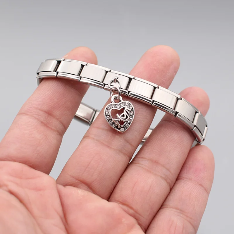 Daisy Heart Mom Color Rhinestone Italian Charm Bracelet With Charm Bracelet
