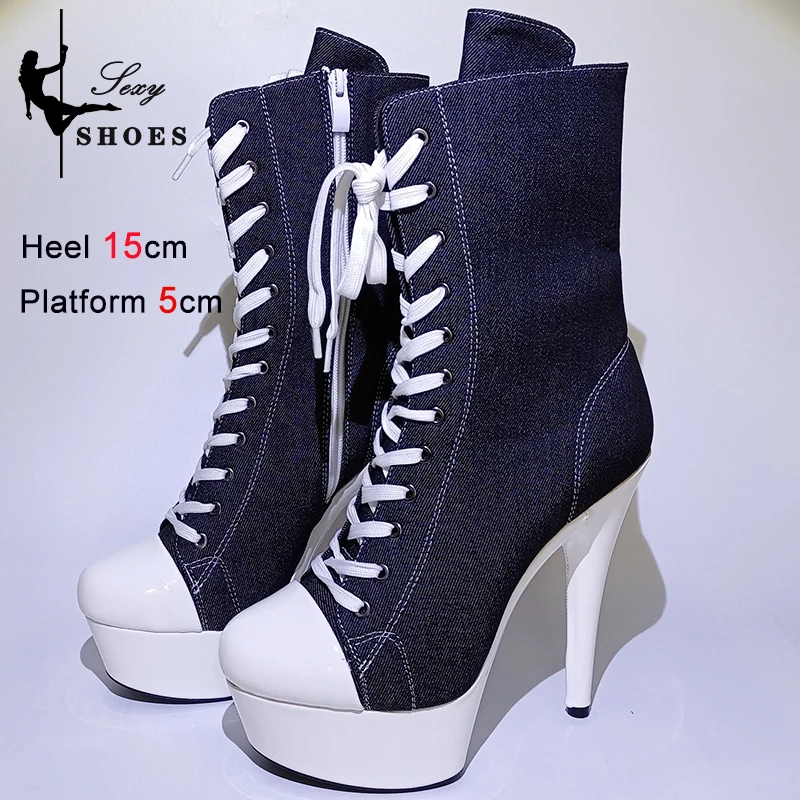 2023 Autumn Women's Boots Shoes Strip Pole Dance Round ZIPPER oe High Platform Shoes Canvas Thin Heels Strappy 15cm Ankle Boots