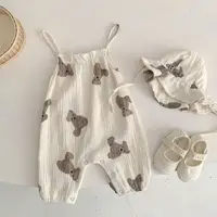 2023 New In Summer Infant Newborn Girls Boys Sleeveless Cartoon Bear Print Outfits Overalls Kids Baby Jumpsuits Romper+HAT 5