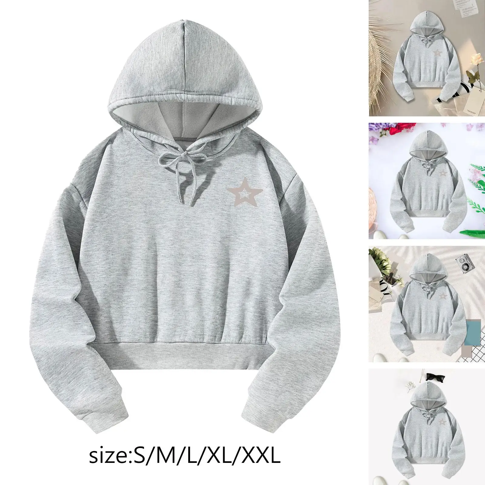 Womens Hoodies Long Sleeve Cropped Sweatshirt Soft Girls Trendy Gray Drawstring Pullover for Work Office Sports Travel Outdoor