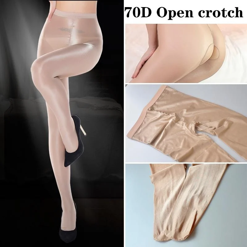 

70D Women Shiny open Crotch Glossy Oil Pantyhose Tights Legging thick good quality One Line High stretch oil Stockings