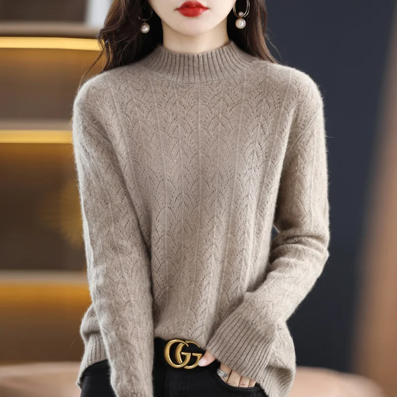 

In spring and autumn, the new ladies' 100% pure wool half-high-neck solid color knitted phoenix flower openwork loose pullover