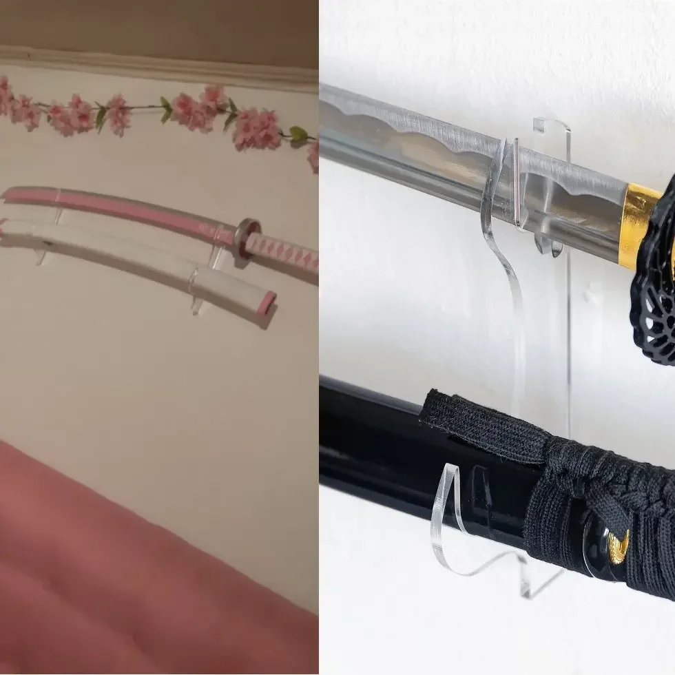 2Pcs Acrylic Sword Wall Mount-Samurai Katana Hanger Rack (Black/Clear),Transparent Display Holder for Weapon Collection