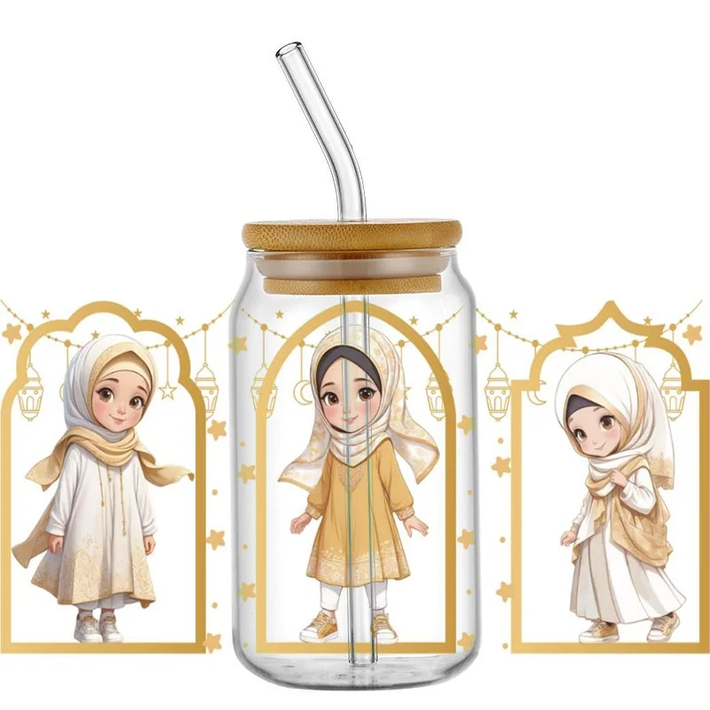 Muslims Cartoon Characters UV DTF Cup Wrap 3D Adhesive Clear Jar Bottle Stationery Washable Transfer Sticker 3d Stickers Cup Wraps Sticker Cups Uv Dtf Wrap Transfer