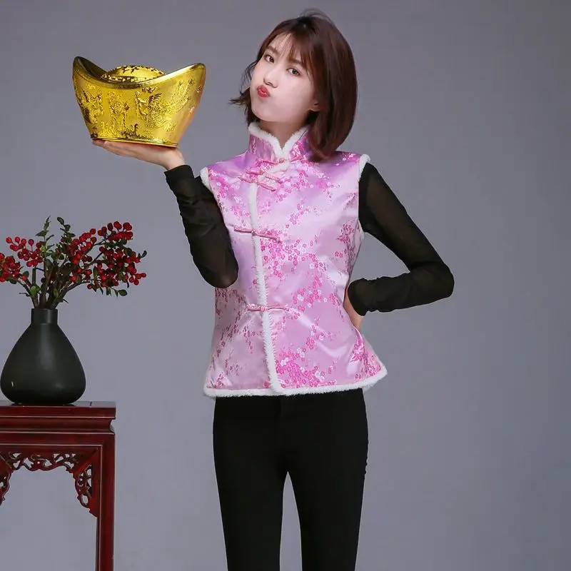 Chinese Style Top China New Year Traditional Clothing 16Colour Women Tang Suit For Adult Winter Cotton Fur Thick Hanfu Vest
