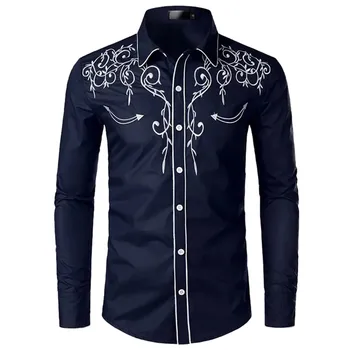 Stylish Western Cowboy Shirt Men Brand Design Embroidery Slim Fit Casual Long Sleeve Shirts Mens Wedding Party Shirt for Male 2