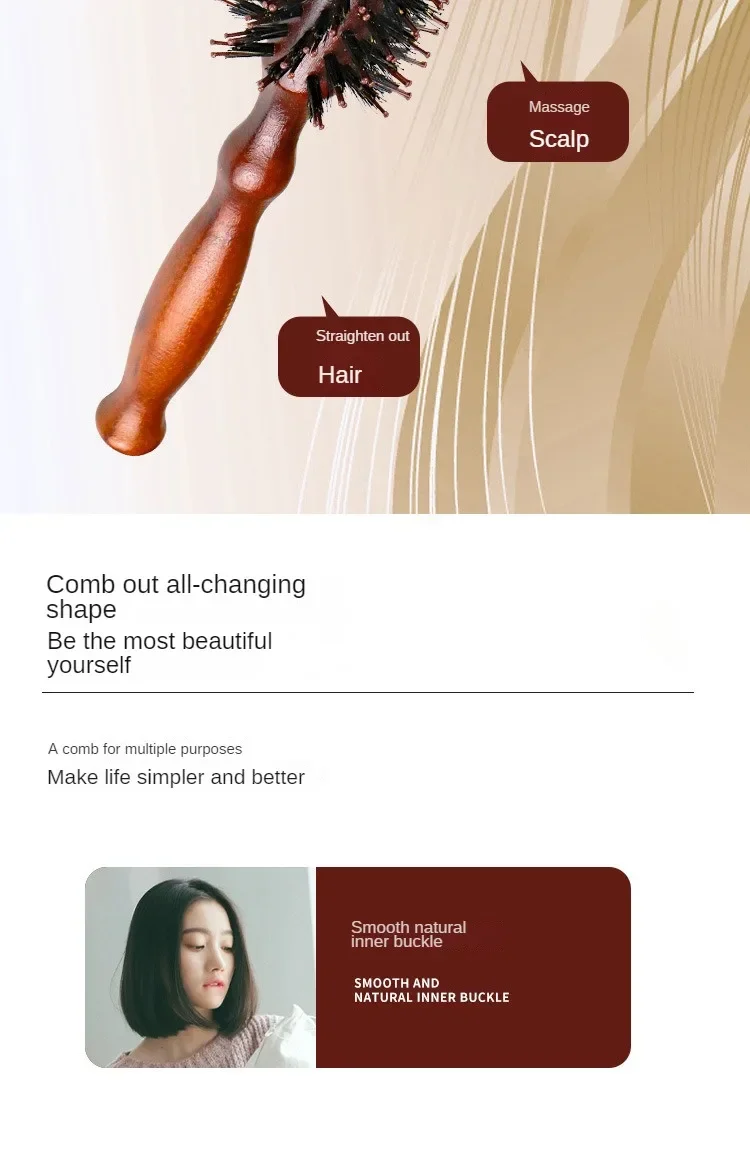 Description Picture 6 of item6 Style Natural Boar Bristle Hair Round Brush Wood Handle Round Barrel Hair Comb Hair Roller Brush Hairdressing Styling Tools