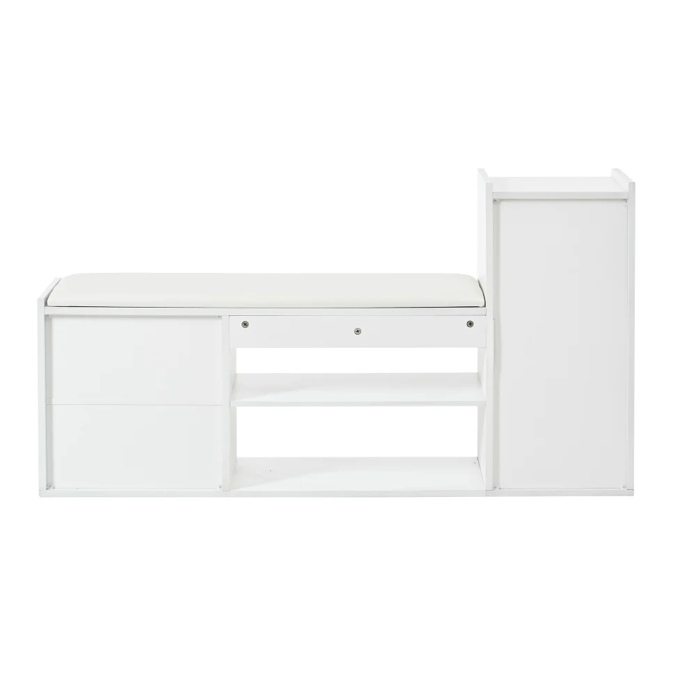 Hochglanz-Schuhschrankbank – gepolsterte Sitzplätze + 2 Schubladen und 1 Schrank, Schuhregal mit Stauraum, für Flur, Wohnzimmer, Büro – Detail 22