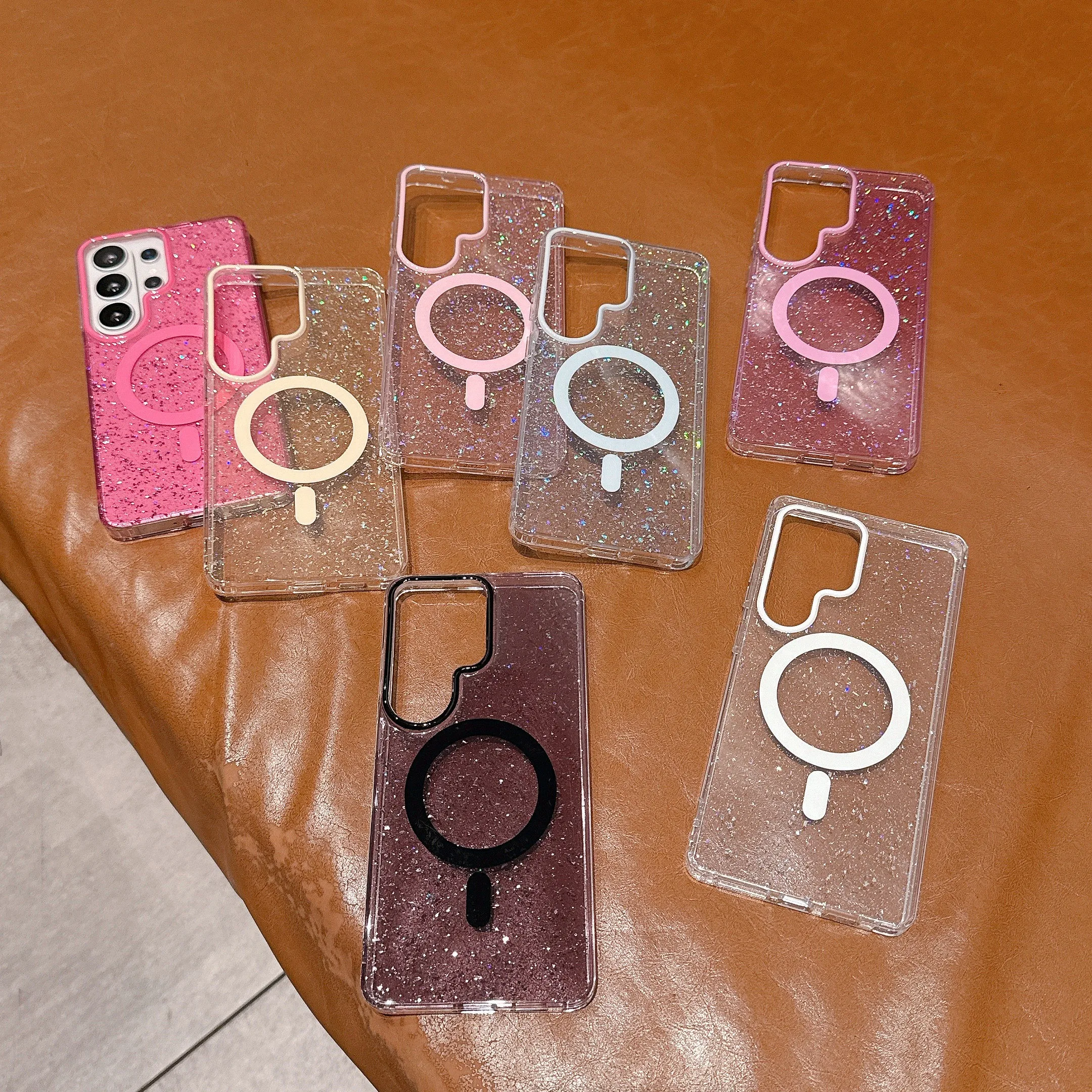 Glitter Transparent Luxury Shockproof Magnetic Phone Case with Bumper Cover