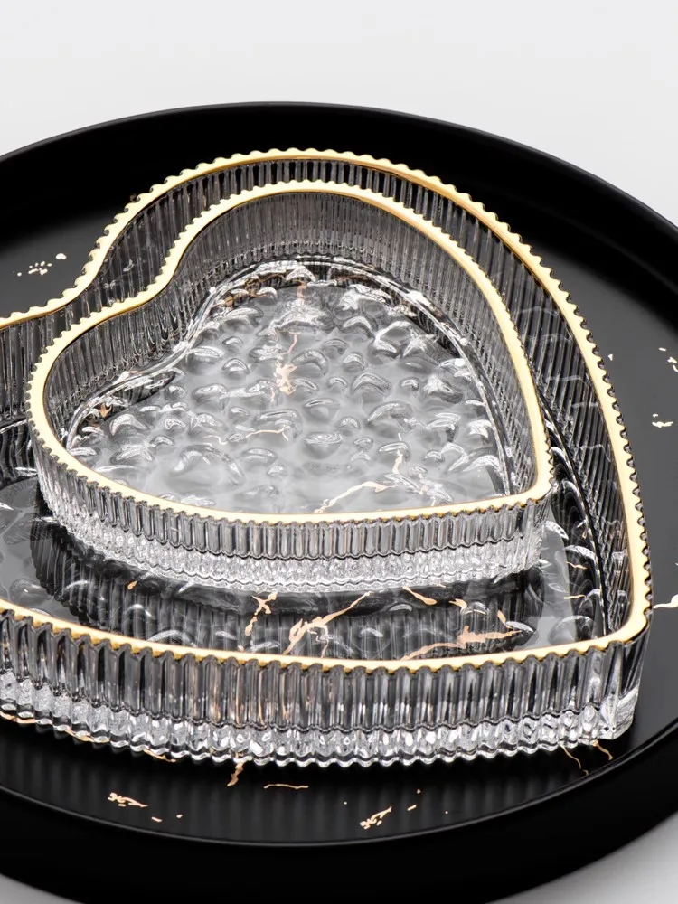 European Heart Clear Glass Tray With Gold Rim Small Large Set Of Two For Home Tabletop Jewelry Comestic Candle Watch Key Storage 5