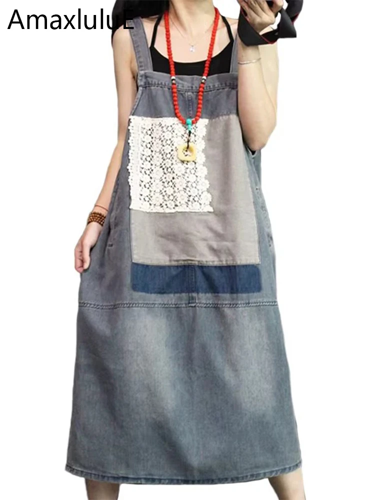 Amax luluE Korean Summer Fashion Dresses Womens Patchwork Denim Cestidos Ladies Luxury Lace Blue Vintage Casual Elegant Clothes