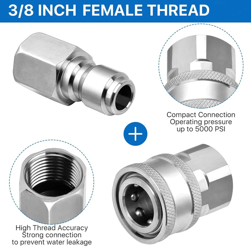 3/8 Inch Pressure Washer Coupler Quick Connect Plug Stainless Steel Male and Female Quick Connect Fittings Washer Accessories 2