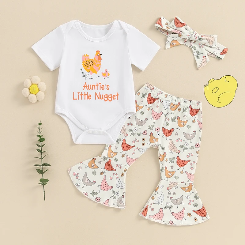 

Baby Girls Summer Outfits Letter Print Short Sleeve Rompers Hen Print Flare Pants Headband 3Pcs Clothes Sets
