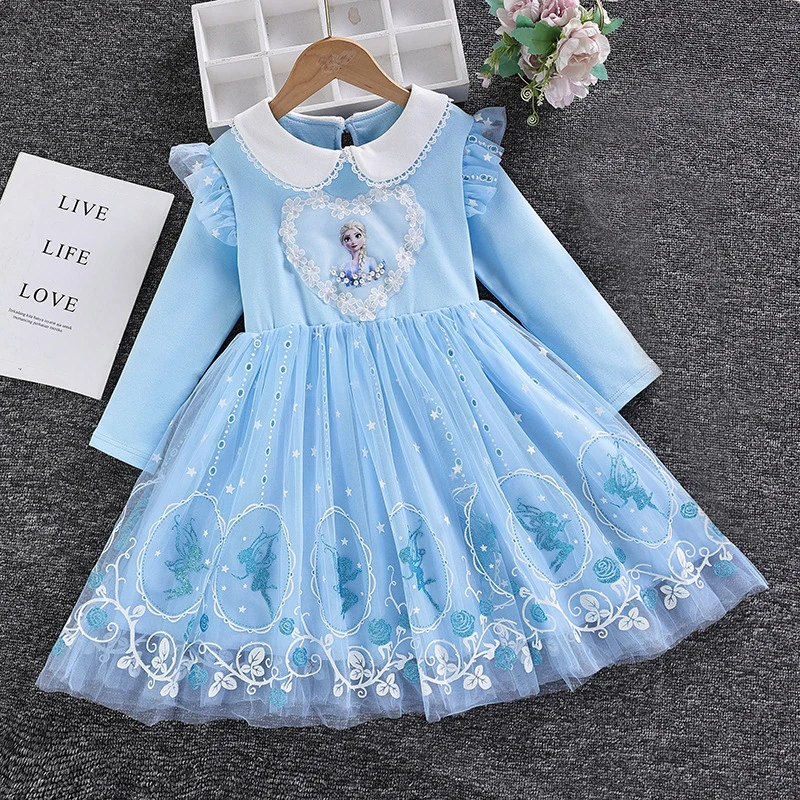 Nowa sukienka księżniczki Disney sukienka dla dziewczynek wiosenna jesienna sukienka z długimi rękawami na ubrania dla dzieci Elsa Frozen Party Dress 2-8Y