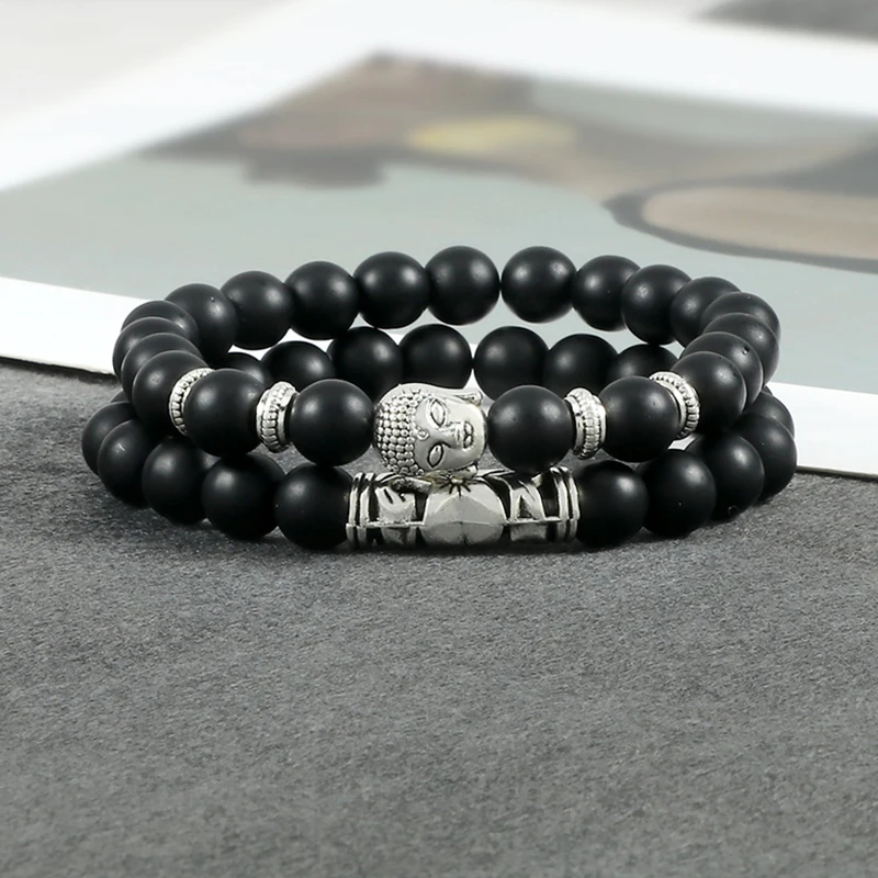 Stone Bead Bracelet 2pcs/set Buddha Head Natural Tiger Eye Lava Stone for Women Men