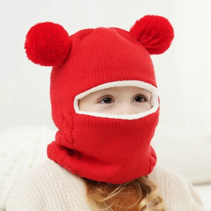 2025 Autumn And Winter Kids Balaclava Hat PomPom Knit Beanie Hats For Baby Hat Scarf Snood With Fleece Lining Caps For Boys