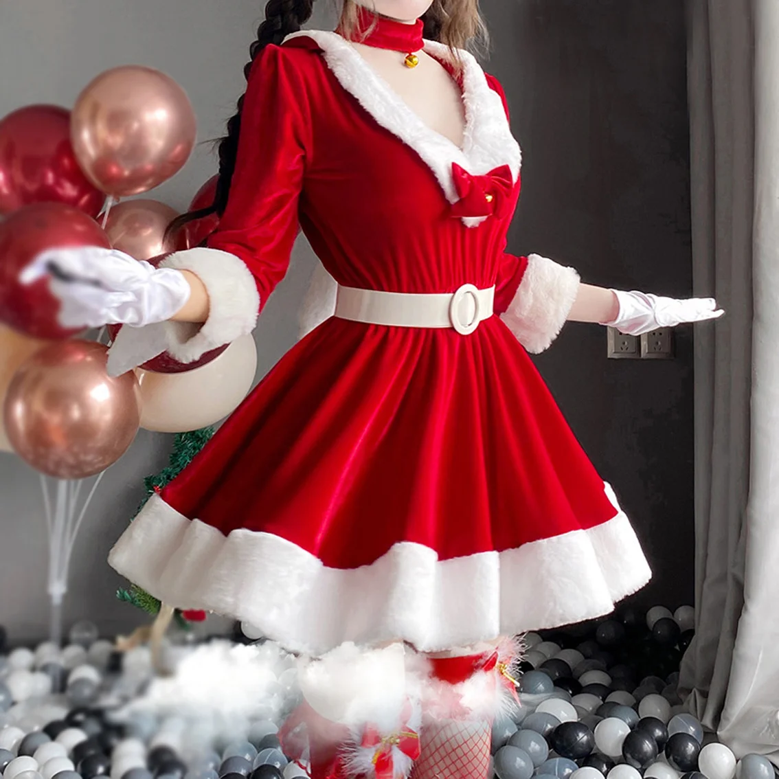 

2021 Kostum Cosplay Wanita Natal Wanita Santa Klaus Lingerie Seksi Gaun Merah Lengan Panjang Musim Dingin Seragam Wanita Kelinci