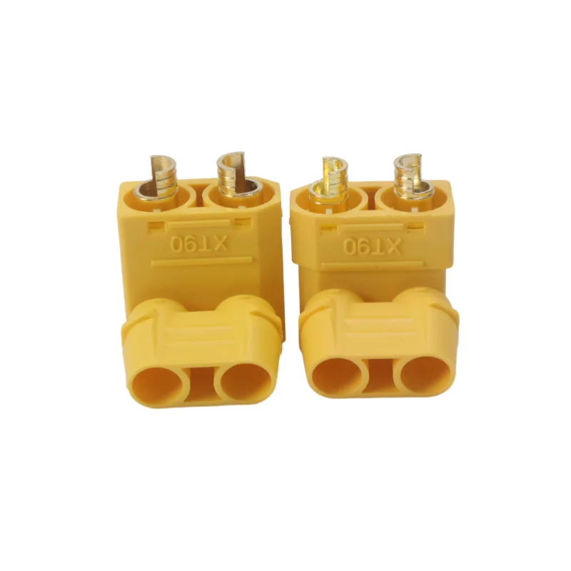 Gros plan sur une paire de connecteurs XT90H mâle-femelle, adaptés aux batteries RC haute puissance.