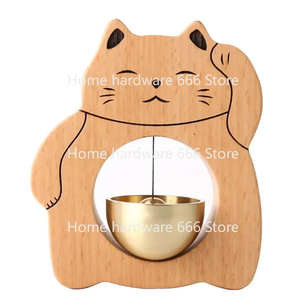 Handmade Maneki-Neko Wind Chime, Vintage Bronze Bell, Solid Wood Door Bell