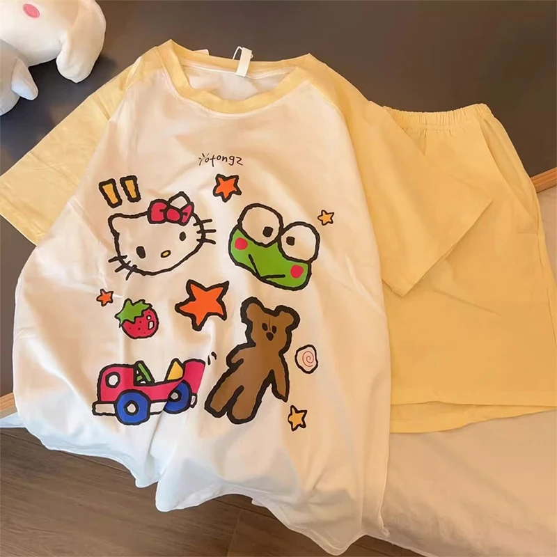 

Hello Kitty Anime Kawaii Sanrio Cotton Short Sleeve Pajamas Summer Cute Cartoon Kt Cat Ins Fashion Homewear Clothing Girls Gifts