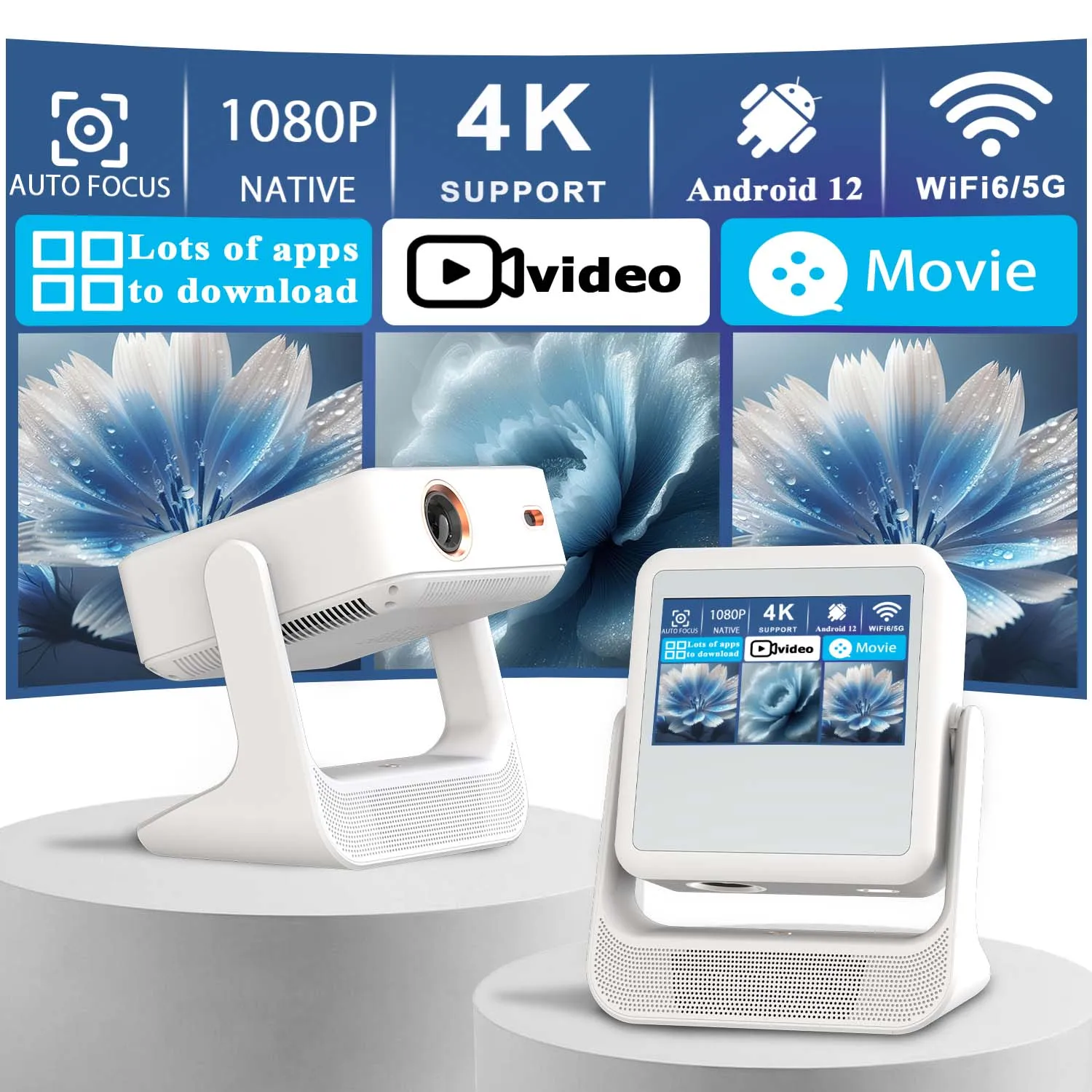 프로젝터 4K HD, 8인치 터치, WiFi 블루투스, 듀얼 스크린, HDMI USB, 미니 홈시어터 게임