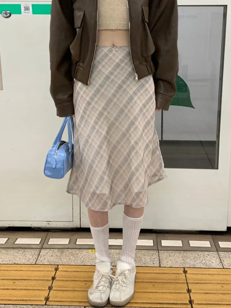 Spring French Retro High Waist Women Half Skirt Korean Versatile Contrast Color Checkered Sweet Loose Women's Hip Wrap Skirt