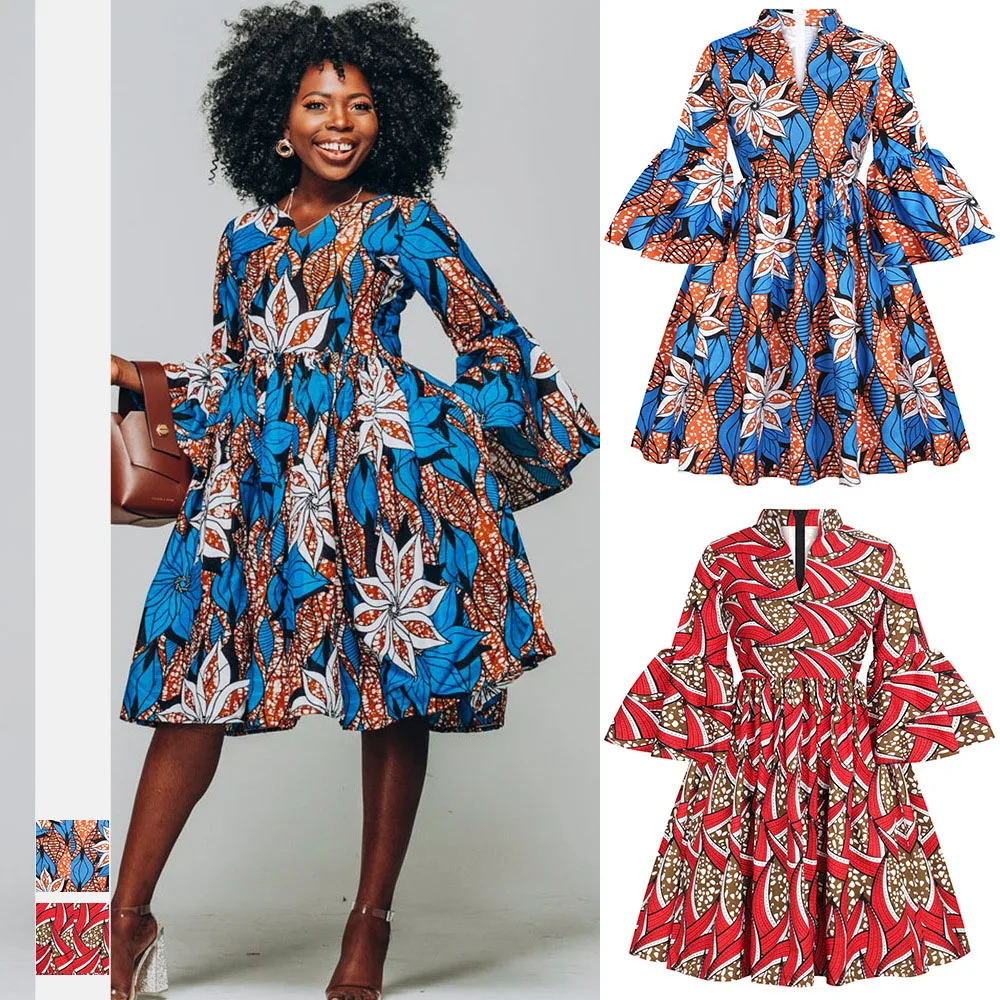 Ladies Clothes African News Flare Sleeve V neck Dashiki Print Ladies Fashion Dress Plus Size