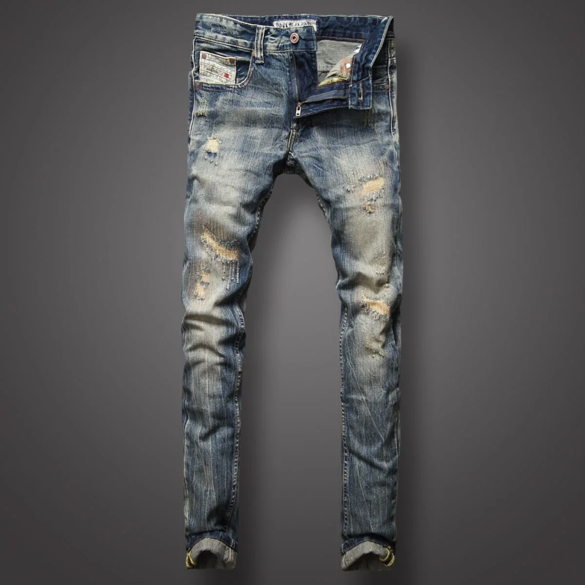 Ripped Jeans Men Spring and Autumn Casual Solid Color Vintage Slim Comfortable Elastic