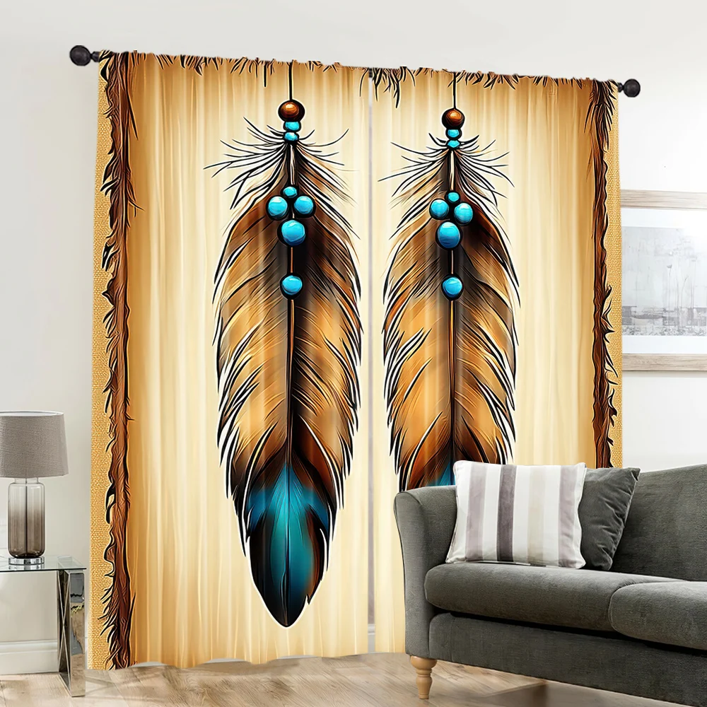2pcs, spring summer Curtains Retro feather Indiana ethnic culture style simple Yarn Curtains Durable Polyester Outdoor 6