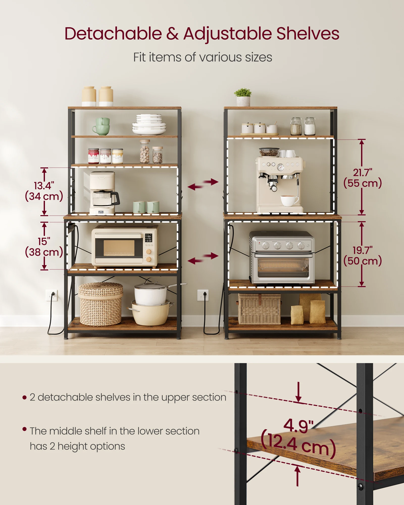 VASAGLE Bakers Rack with Power Outlet, 31.5 Inches Coffee Bar for Kitchen with Storage, 6-Tier Kitchen Shelves with 6 Hooks 5