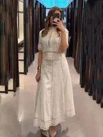 HH Women New Fashion White Skirt Suit O-Neck Crocheting Details Short-Sleeve Blouse With Side Zipper Pleated Midi Long Skirt - Image 6