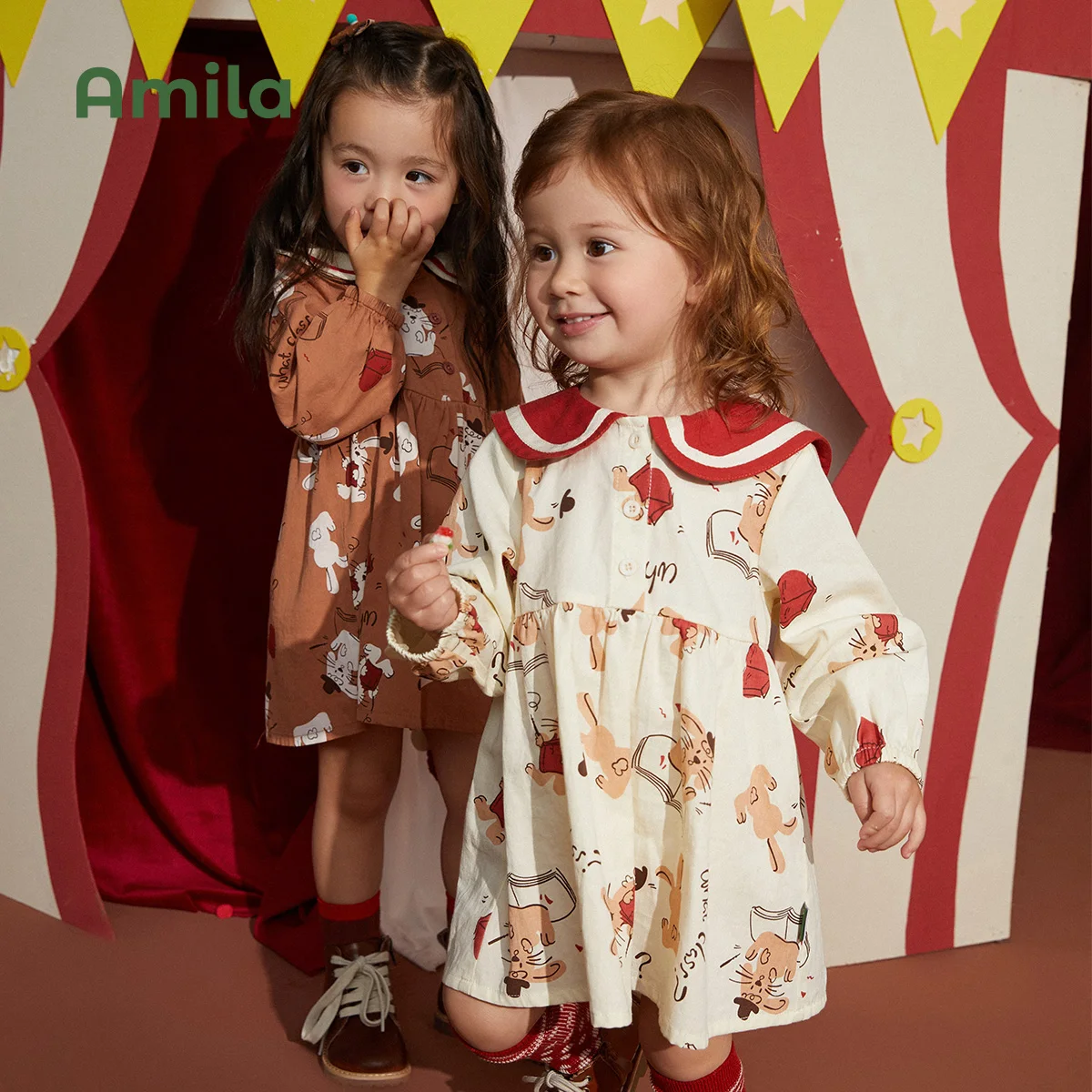 Baby Dress Spring Academic Style Long Sleeves A-line Dresses For Girls Cute Cartoon Print