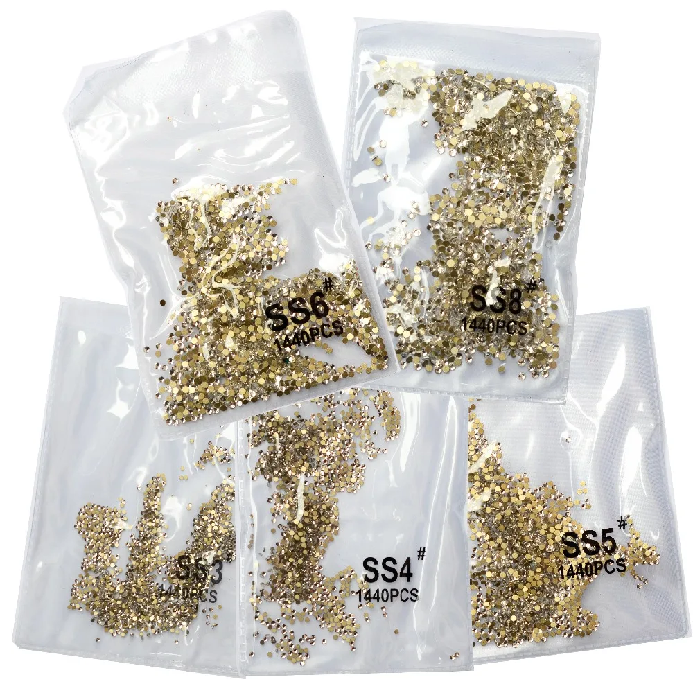 SS3-ss8 1440pcs Clear Crystal AB gold  3D Non HotFix FlatBack Nail Art Rhinestones Decorations Shoes And Dancing Decoration 3