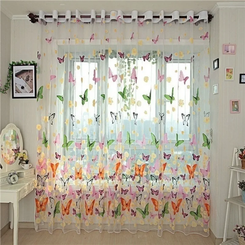 Window Curtain 1PC Rod Pocket Window Curtain Large Butterfly Print Screens