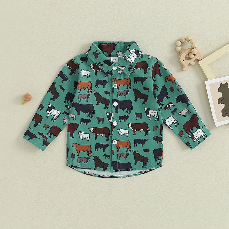 6M-4T Baby Boy Clothes Western Cow Print Shirt Long Sleeve Country Dress Shirt Tops Toddler Outfit -07-19 Lioraitiin