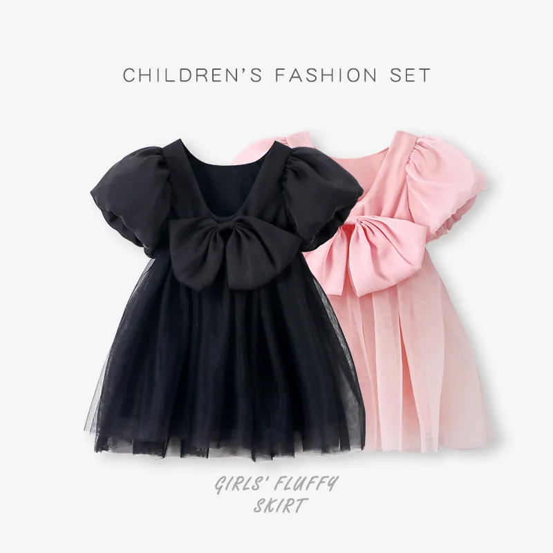 Summer Fashion New Little Girls Dress Solid Color Cute Bubble Sleeve Bow Mesh Girl Dresses Birthday Party Princess Forck