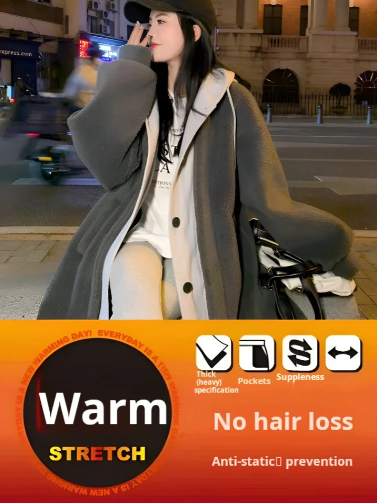 Women s Spring Polar Fleece Hooded Faux Shearling Fur Wool Blend Thin Coat Loose Long Jacket