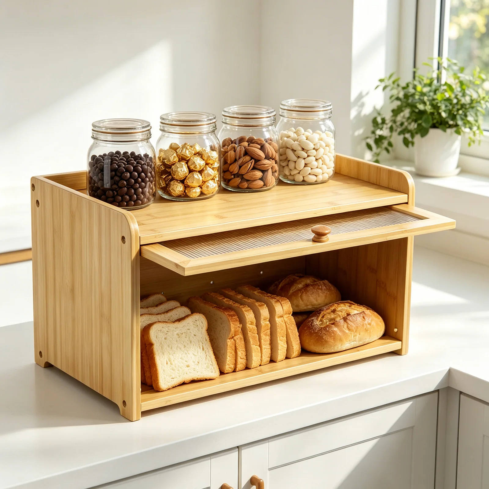 Bamboo Bread Storage Box with Clear Flap Door Large Capacity Multi Purpose Bread Bin for Kitchen Countertop Home Use