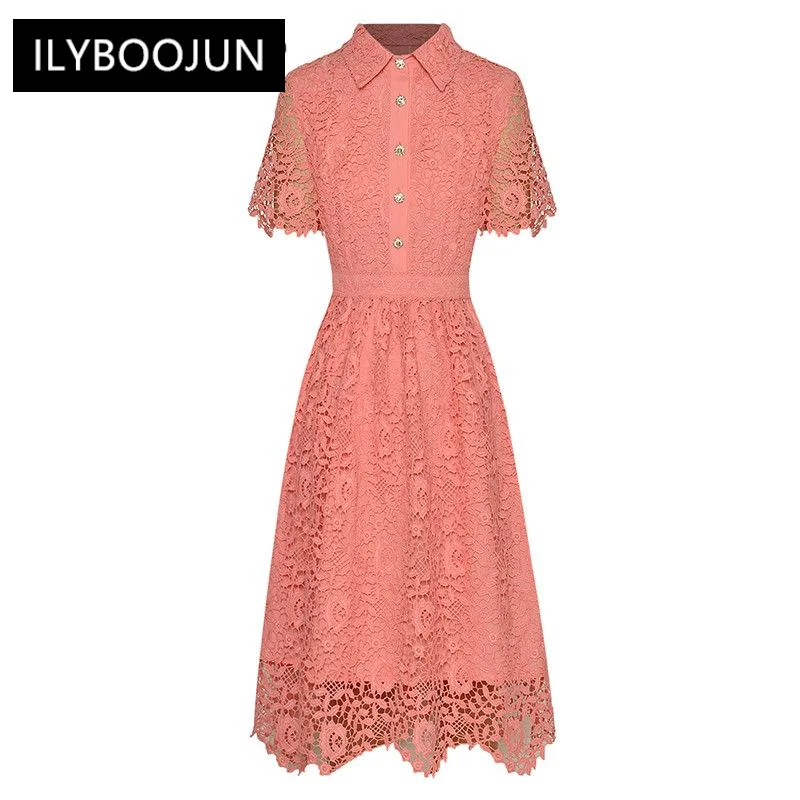 

Summer Women Dress Orange-Red Turn-down Collar Crystal Button Slim Hollow Out Knee-Length Dresses For Women 2023 Luxury Brand