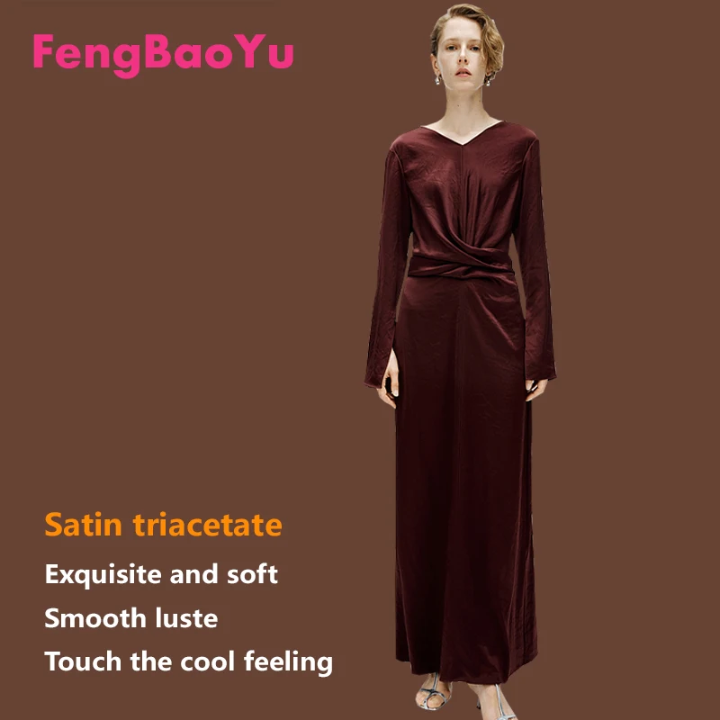 

Luxury Triacetate Section Women's Dress French Long Sleeve Black Lace-up Waist Long Dress Silky Drop Cool High-end Women's Wear