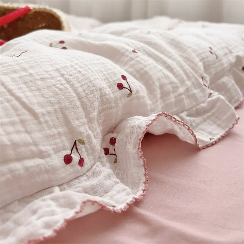 Soft Cotton Muslin Duvet Cover Set for Cozy Nights Baby Girls Cotton Gauze Cherry Pattern Duvet Cover Set Kids Bedding Sets