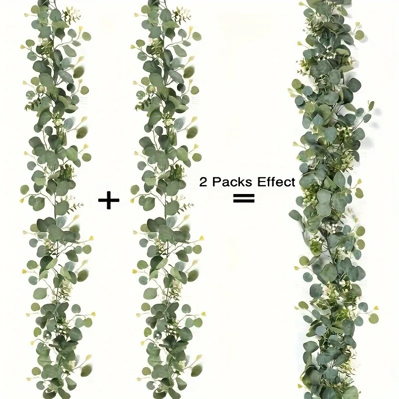 1 Stück künstliche Eukalyptusblätter, grüne Girlande, gefälschte Pflanzenrebe mit weißen Blumen, Beeren für Zuhause, Garten, Hochzeit, Party, Dekoration – Detail 4