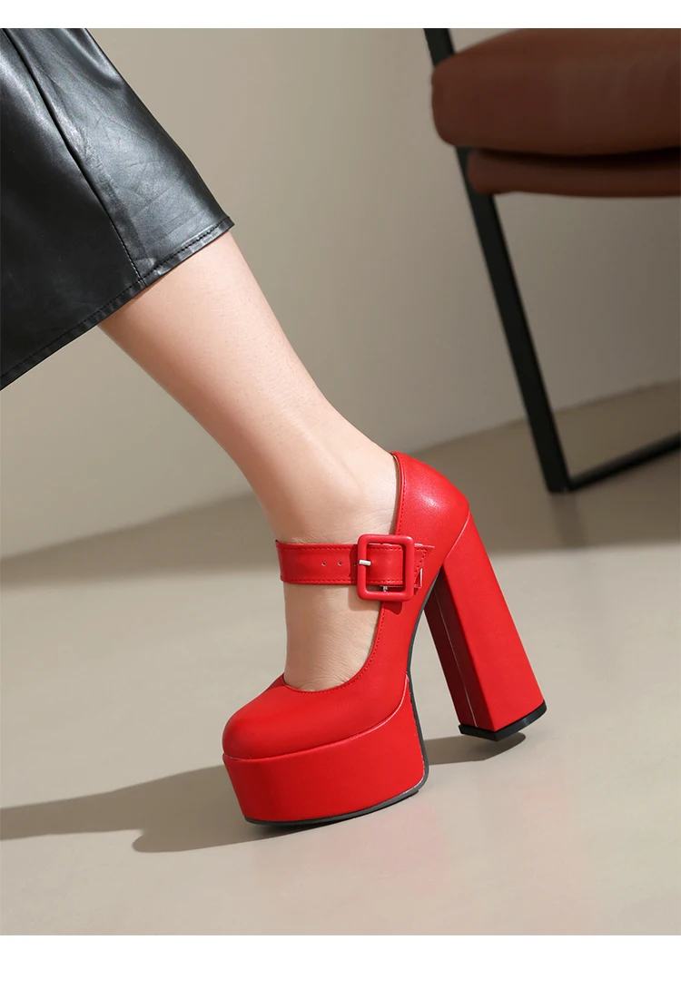 Super High Thick Heel Waterproof Platform Shallow Square Buckle Women's High Heels Party Wearing Orange Women's Pumps