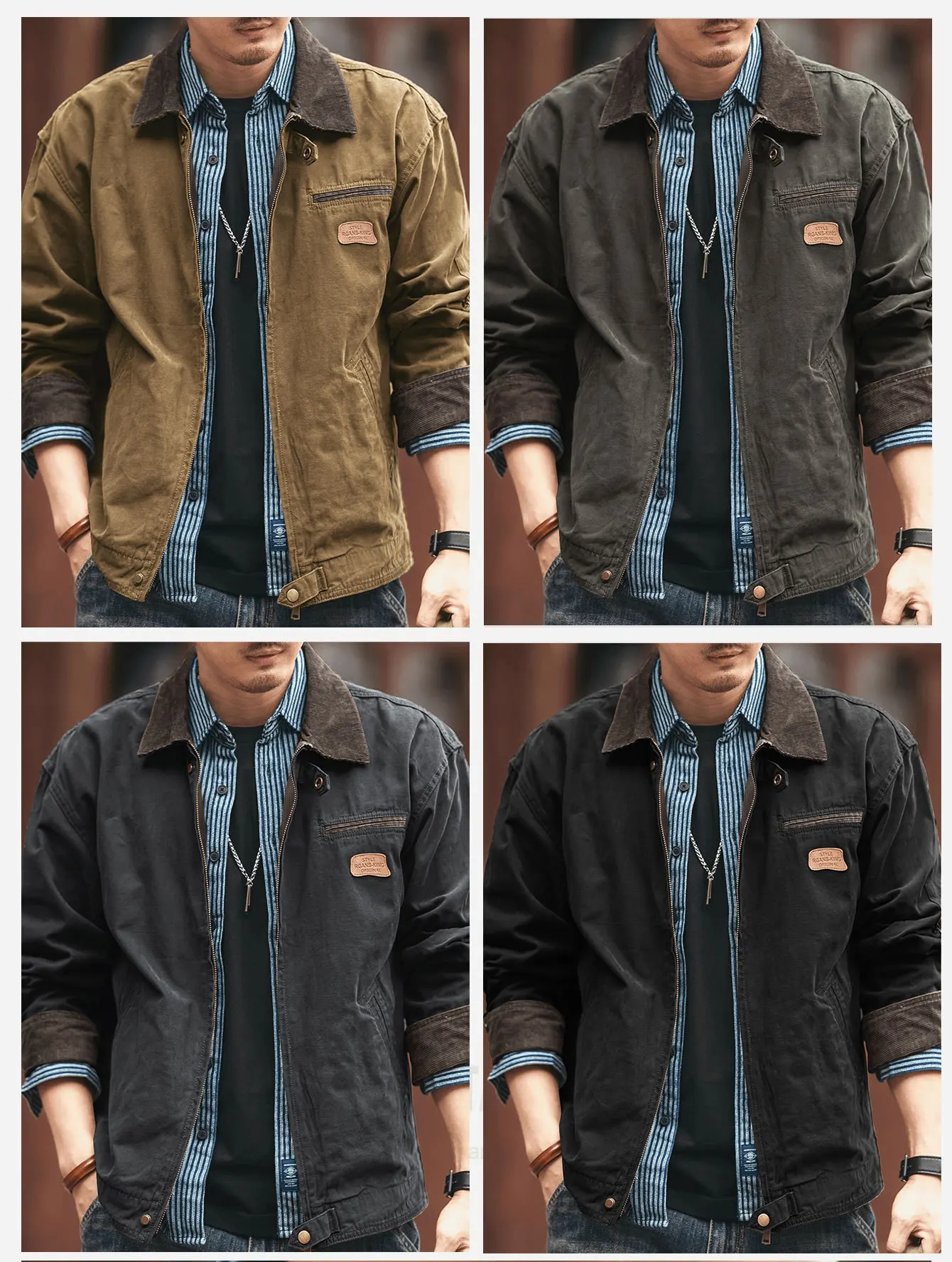 Brown canvas jacket collar detail
