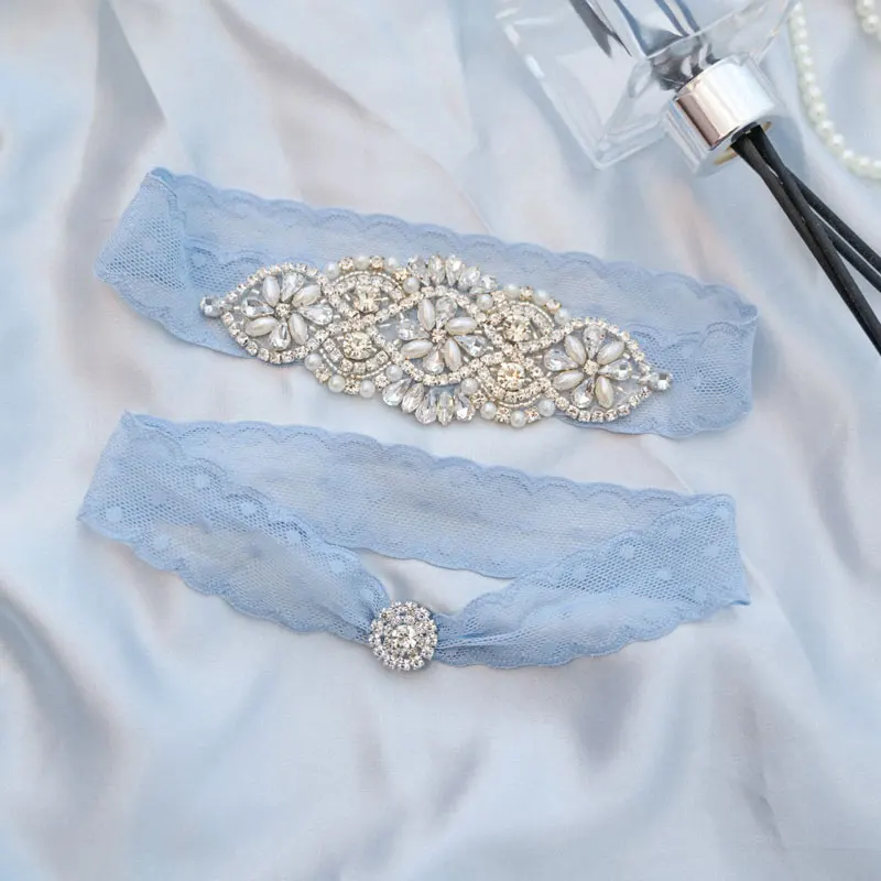 Bridal Garter Belt Sexy Bridal Wedding Garter Belt With Diamonds Light Blue Crystal Garters Bride Thigh Ring Leg Loops Wedding Accessories