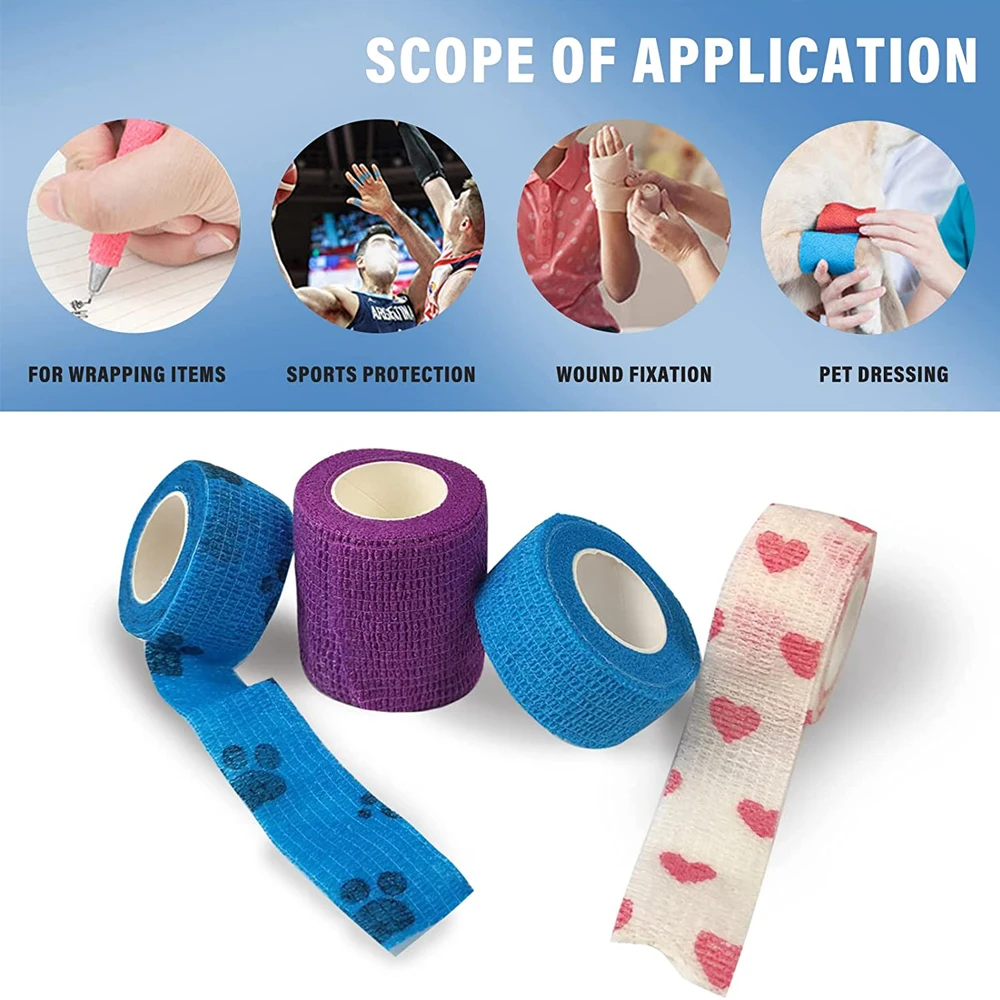5 개/대 2.5cm 와이드 자체 접착 붕대 랩, 다채로운 통기성 수의사 랩 애완 동물을위한 응집력 붕대 응급 처치, 스트레치 운동