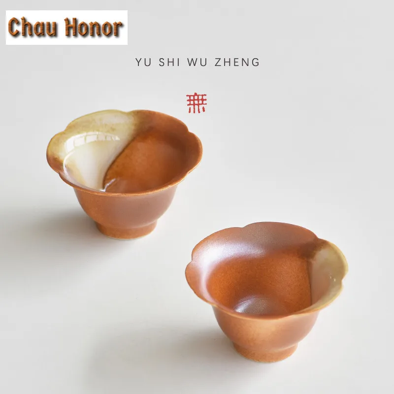 70ml Japanese Soda Kiln Glazed Pottery Teacup Retro Flower Petal Tea Bowl Tea-tasting Fragrance Cup Jianzhan Master Cups Teaware