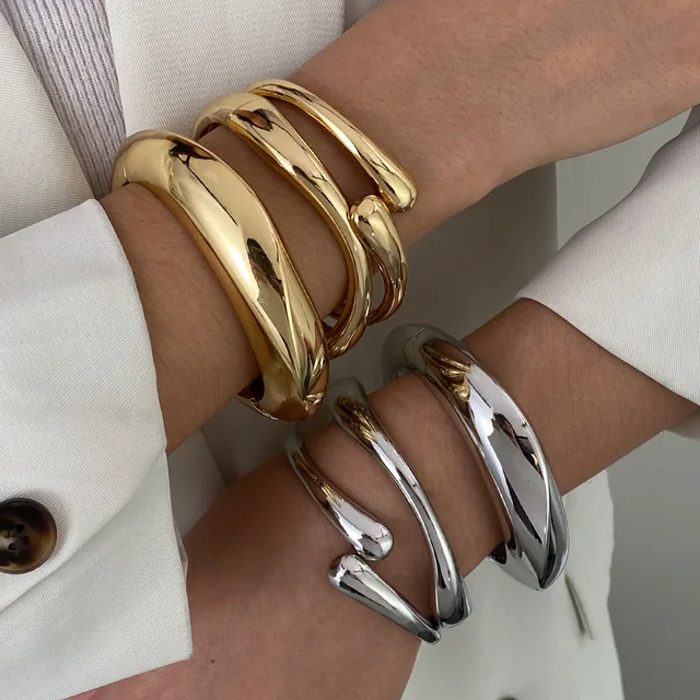 3 Styles Vintage Hip Hop Metal Cuff Bangles Punk Gold Silver Color Geometric Spring Bangles For Women Bracelet Men Jewelry 1